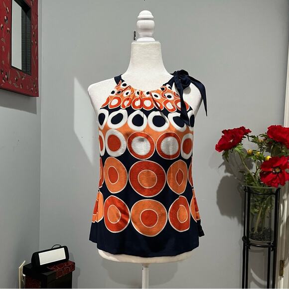 NEW Ann Taylor Silk Multicolored Circles Geometric Bow Tie Career Layering Top - Picture 1 of 16